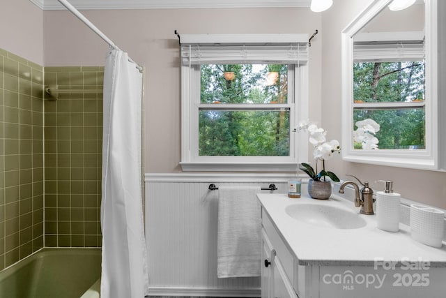 1607 Old Lawyers Rd, Marshville, NC 28103 - bathroom with shower / tub combo with curtain, plenty of natural light, vanity, a wainscoted wall, and ornamental molding