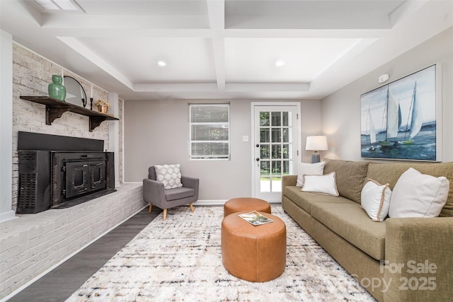 221 Belton Ave, Mount Holly, NC 28120 - living area featuring dark wood-style flooring, coffered ceiling, beamed ceiling, a fireplace, and recessed lighting