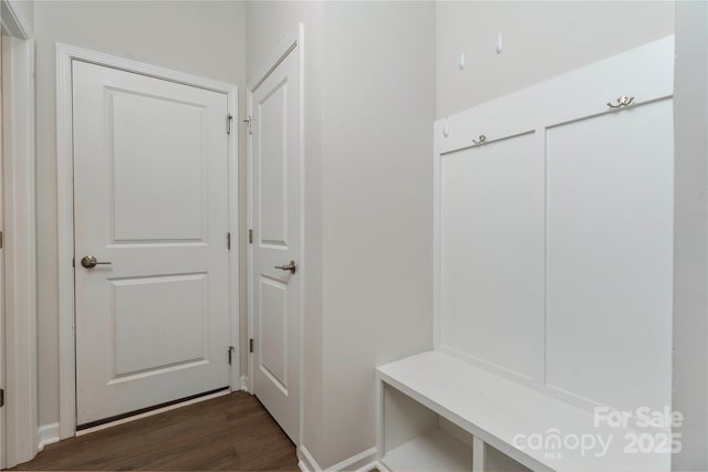 mudroom featuring dark wood-style flooring