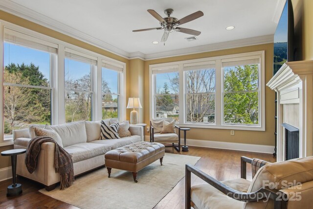 350 E Allen St Unit 201, Hendersonville, NC 28792 - living room featuring ornamental molding, baseboards, wood finished floors, ceiling fan, and recessed lighting