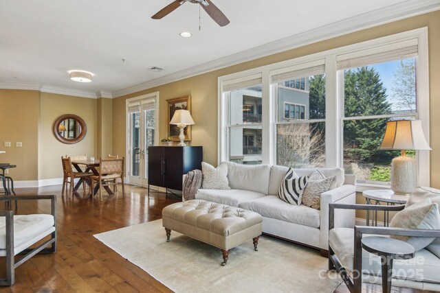 350 E Allen St Unit 201, Hendersonville, NC 28792 - living room with ornamental molding, healthy amount of natural light, baseboards, wood-type flooring, and recessed lighting