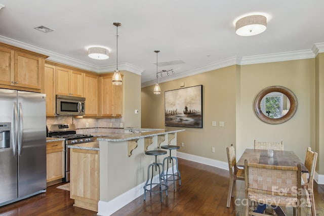 350 E Allen St Unit 201, Hendersonville, NC 28792 - kitchen with stainless steel appliances, dark wood-type flooring, a kitchen bar, backsplash, and crown molding