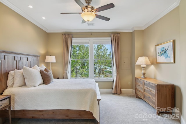 350 E Allen St Unit 201, Hendersonville, NC 28792 - bedroom featuring light colored carpet, baseboards, crown molding, a ceiling fan, and recessed lighting