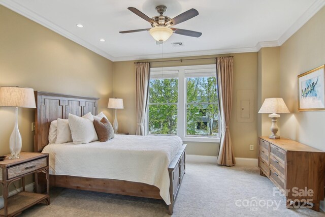 350 E Allen St Unit 201, Hendersonville, NC 28792 - bedroom featuring crown molding, light colored carpet, baseboards, and a ceiling fan