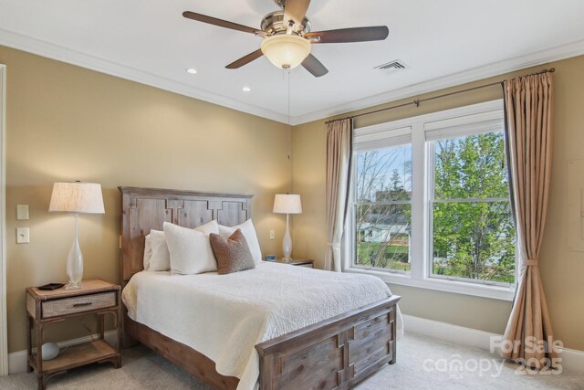 350 E Allen St Unit 201, Hendersonville, NC 28792 - bedroom featuring baseboards, light colored carpet, ceiling fan, recessed lighting, and crown molding