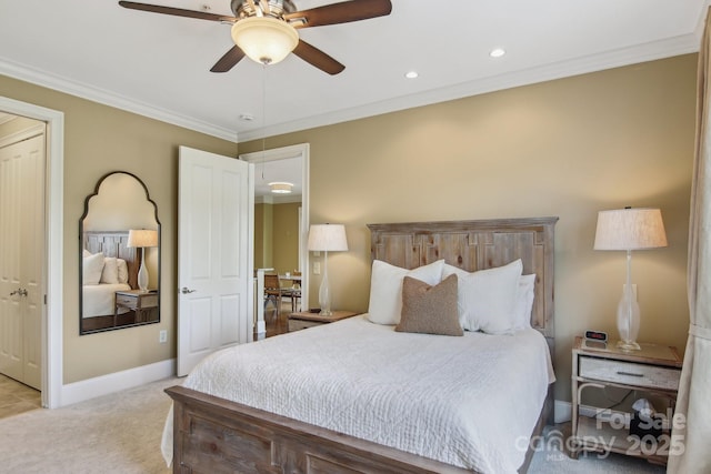 350 E Allen St Unit 201, Hendersonville, NC 28792 - bedroom with crown molding, light carpet, baseboards, recessed lighting, and ceiling fan