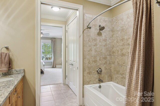 350 E Allen St Unit 201, Hendersonville, NC 28792 - full bathroom with ornamental molding, shower / bath combo, vanity, tile patterned floors, and baseboards
