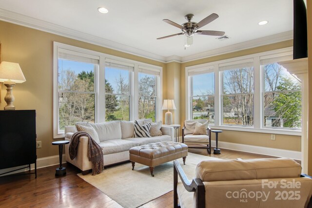 350 E Allen St Unit 201, Hendersonville, NC 28792 - living room featuring baseboards, dark wood finished floors, crown molding, a ceiling fan, and recessed lighting