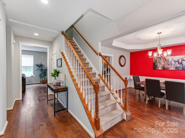 11719 Withers Mill Dr, Charlotte, NC 28278 - staircase featuring recessed lighting, hardwood / wood-style floors, a chandelier, and baseboards