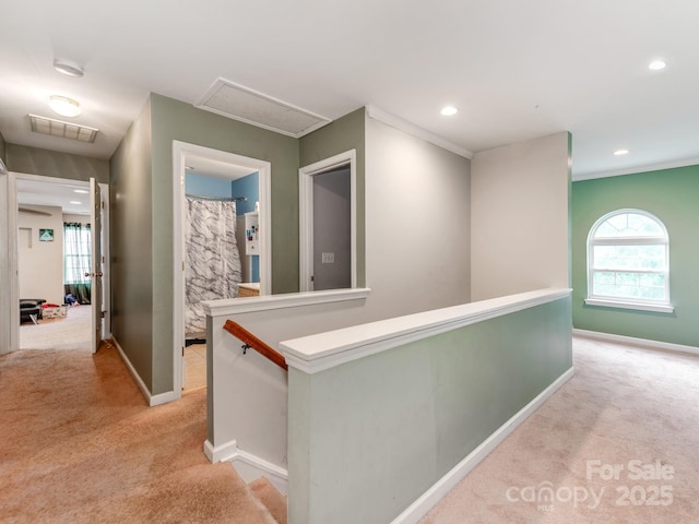 11719 Withers Mill Dr, Charlotte, NC 28278 - hallway with recessed lighting, an upstairs landing, visible vents, light carpet, and baseboards