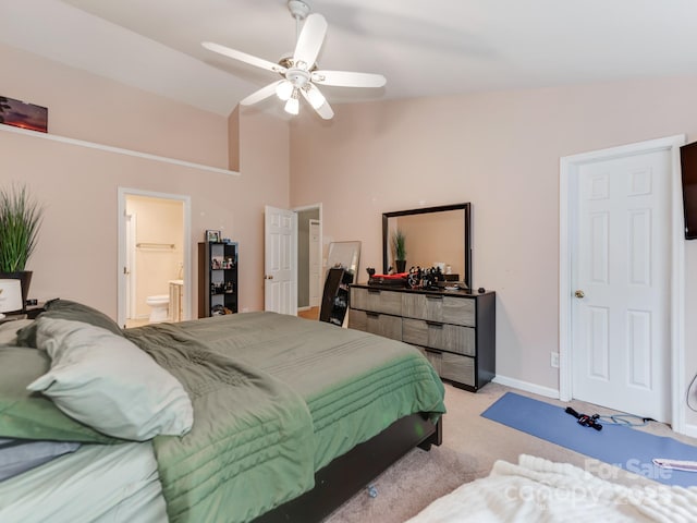 11719 Withers Mill Dr, Charlotte, NC 28278 - bedroom featuring ceiling fan, baseboards, light carpet, high vaulted ceiling, and ensuite bath