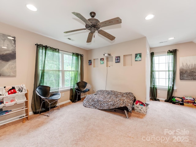 11719 Withers Mill Dr, Charlotte, NC 28278 - carpeted bedroom with recessed lighting, a ceiling fan, multiple windows, and visible vents