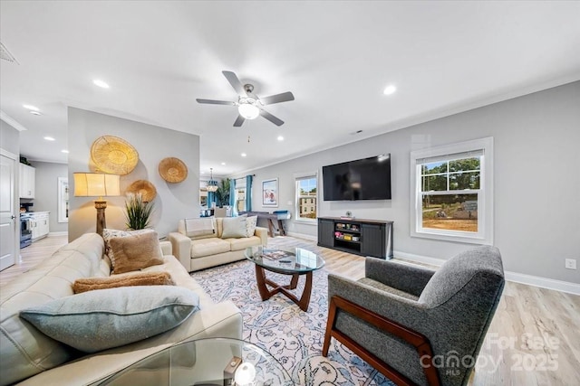 360 N Broad St, Waxhaw, NC 28173 - living area with plenty of natural light, recessed lighting, light wood-style flooring, and ceiling fan