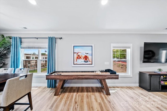 360 N Broad St, Waxhaw, NC 28173 - game room featuring baseboards, ornamental molding, wood finished floors, and visible vents