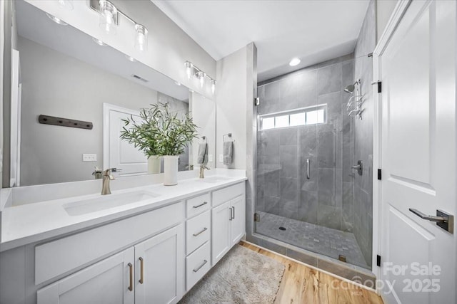 360 N Broad St, Waxhaw, NC 28173 - bathroom featuring a sink, a stall shower, double vanity, and visible vents