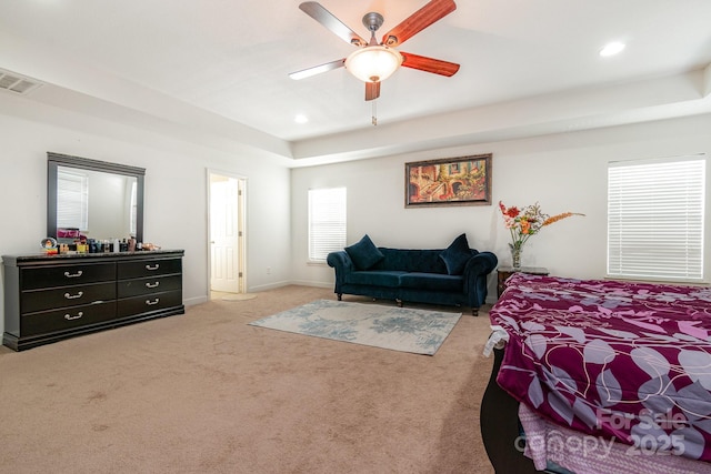 carpeted bedroom featuring recessed lighting, baseboards, visible vents, and ceiling fan