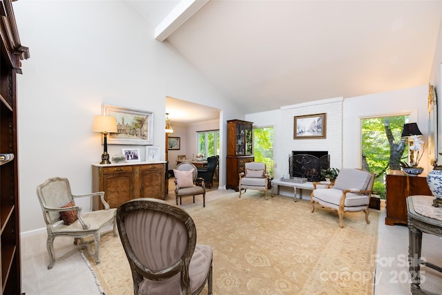 5128 Dunes Ct, Charlotte, NC 28226 - living area featuring a brick fireplace, plenty of natural light, high vaulted ceiling, light colored carpet, and an office area