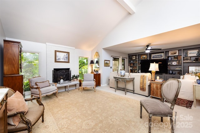 5128 Dunes Ct, Charlotte, NC 28226 - living room featuring high vaulted ceiling, a fireplace, ceiling fan, beamed ceiling, and light carpet