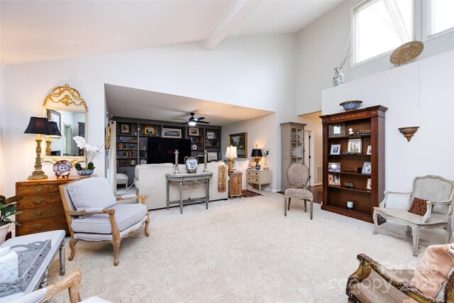 5128 Dunes Ct, Charlotte, NC 28226 - living room with high vaulted ceiling, a ceiling fan, and beam ceiling
