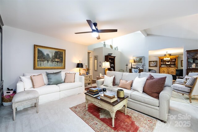 5128 Dunes Ct, Charlotte, NC 28226 - living room with ceiling fan, vaulted ceiling, and light colored carpet