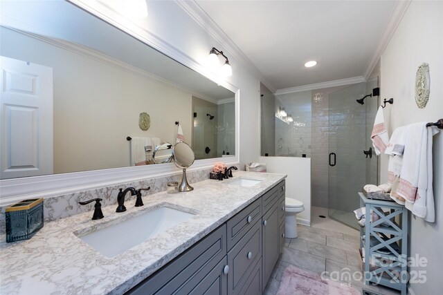 5128 Dunes Ct, Charlotte, NC 28226 - full bathroom featuring a shower stall, double vanity, toilet, crown molding, and recessed lighting