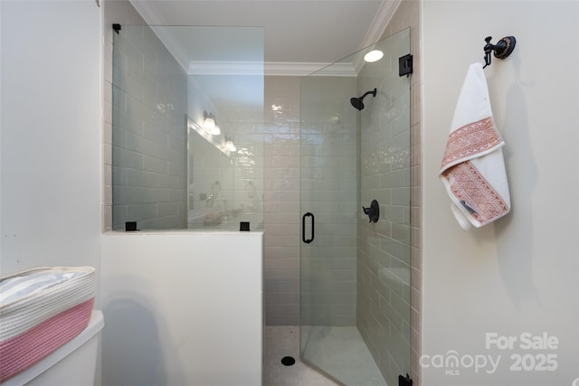 5128 Dunes Ct, Charlotte, NC 28226 - bathroom with crown molding, toilet, and a shower stall
