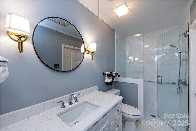 5128 Dunes Ct, Charlotte, NC 28226 - bathroom featuring toilet, a shower stall, and vanity