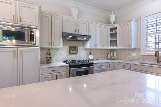 6231 Wakehurst Rd, Charlotte, NC 28226 - kitchen with glass insert cabinets, a sink, stainless steel appliances, under cabinet range hood, and backsplash