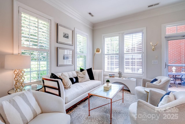 6231 Wakehurst Rd, Charlotte, NC 28226 - living area featuring crown molding, visible vents, and a wealth of natural light