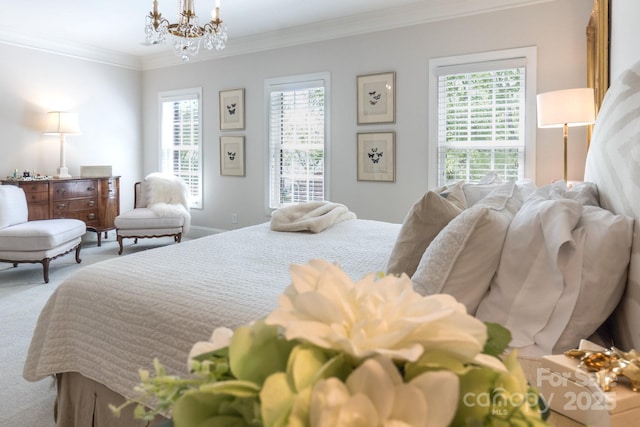 6231 Wakehurst Rd, Charlotte, NC 28226 - carpeted bedroom featuring baseboards, ornamental molding, a notable chandelier, and multiple windows