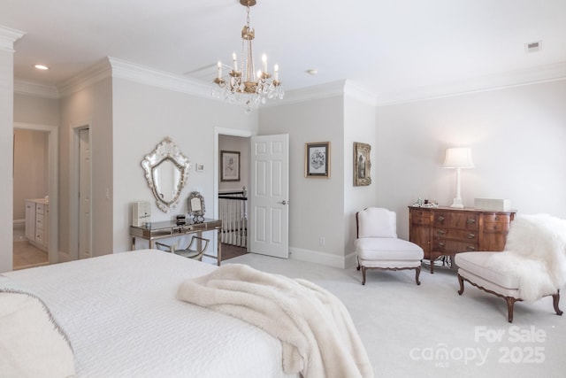 6231 Wakehurst Rd, Charlotte, NC 28226 - bedroom with visible vents, carpet floors, recessed lighting, ornamental molding, and a notable chandelier