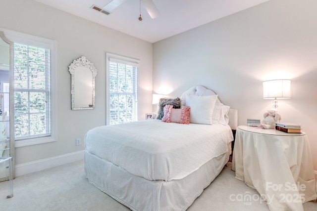 6231 Wakehurst Rd, Charlotte, NC 28226 - bedroom featuring baseboards, visible vents, ceiling fan, and light colored carpet