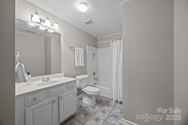 bathroom featuring tile patterned flooring, shower / tub combo with curtain, vanity, toilet, and visible vents