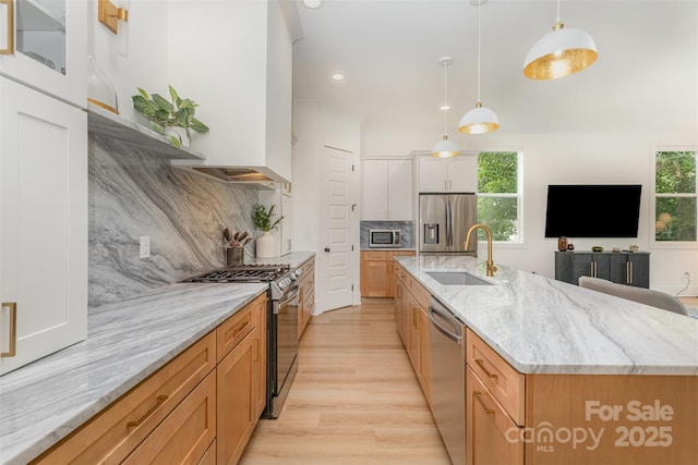 kitchen with light wood-style floors, a healthy amount of sunlight, appliances with stainless steel finishes, and a sink