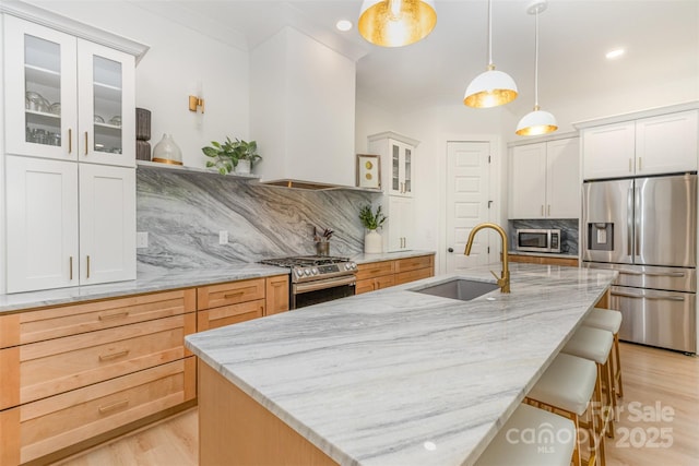 kitchen featuring light wood finished floors, stainless steel appliances, a sink, and tasteful backsplash