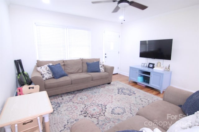201 Mitchell St, Belmont, NC 28012 - living room with ceiling fan, baseboards, and wood finished floors