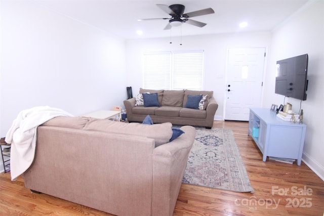 201 Mitchell St, Belmont, NC 28012 - living room featuring ceiling fan, recessed lighting, baseboards, and light wood-type flooring