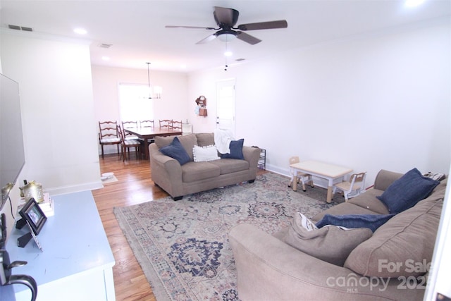 201 Mitchell St, Belmont, NC 28012 - living area with recessed lighting, ceiling fan with notable chandelier, visible vents, and light wood-style flooring