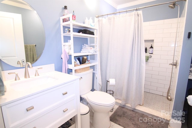 201 Mitchell St, Belmont, NC 28012 - bathroom featuring a stall shower, toilet, vanity, and crown molding