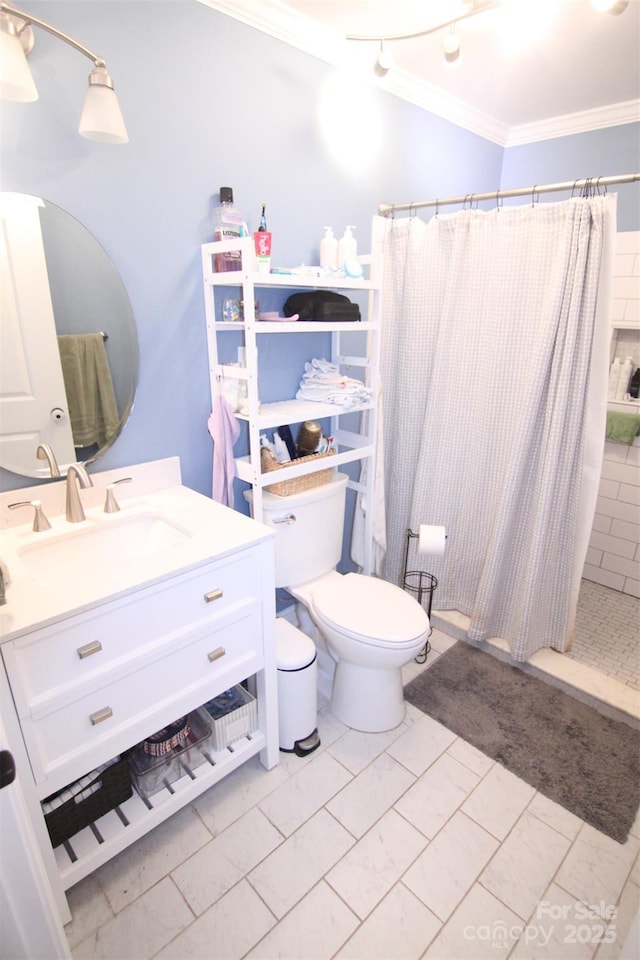 201 Mitchell St, Belmont, NC 28012 - full bath with a tile shower, crown molding, vanity, and toilet