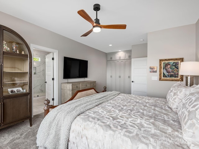 636 Crystal Heights Dr, Hendersonville, NC 28739 - carpeted bedroom featuring a closet, a ceiling fan, ensuite bathroom, and recessed lighting