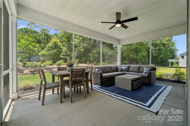 424 Balboa St, Matthews, NC 28104 - sunroom / solarium with an outdoor hangout area, outdoor dining space, ceiling fan, and plenty of natural light