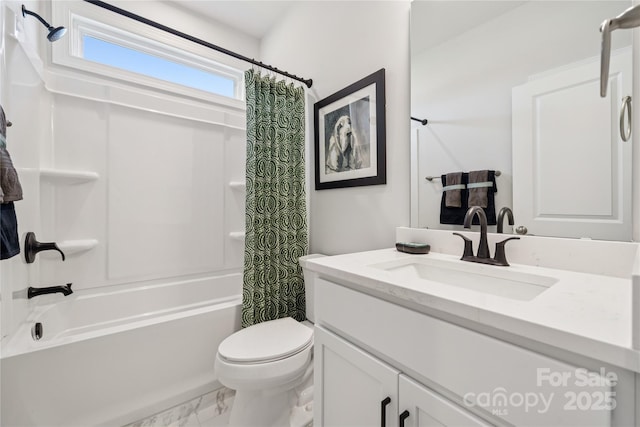 424 Balboa St, Matthews, NC 28104 - bathroom featuring vanity, shower / bath combo with shower curtain, and marble finish flooring