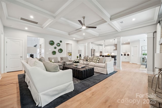 424 Balboa St, Matthews, NC 28104 - living area featuring a ceiling fan, coffered ceiling, decorative columns, light wood finished floors, and beam ceiling