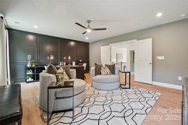 424 Balboa St, Matthews, NC 28104 - living area featuring a ceiling fan, light wood-style flooring, and recessed lighting
