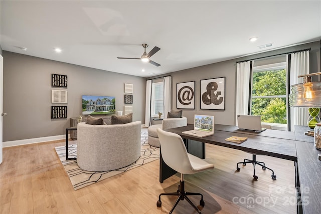 424 Balboa St, Matthews, NC 28104 - office space with light wood-type flooring, ceiling fan, and recessed lighting