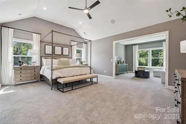 424 Balboa St, Matthews, NC 28104 - carpeted bedroom featuring lofted ceiling, multiple windows, a ceiling fan, and recessed lighting