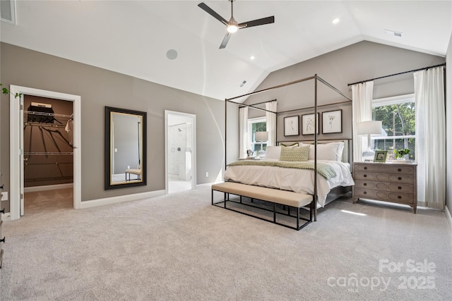 424 Balboa St, Matthews, NC 28104 - carpeted bedroom featuring vaulted ceiling, recessed lighting, a spacious closet, ensuite bathroom, and a ceiling fan