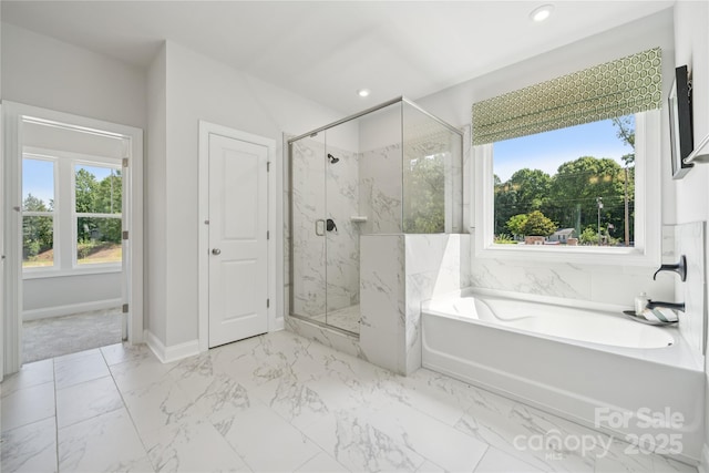 424 Balboa St, Matthews, NC 28104 - full bath featuring a bath, a marble finish shower, marble finish floors, and recessed lighting