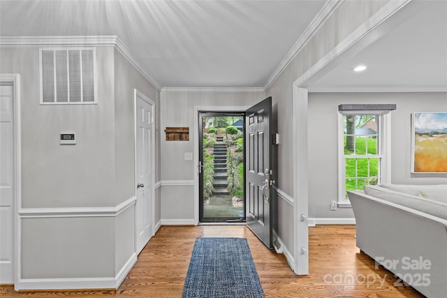 2418 Ainsdale Rd, Charlotte, NC 28226 - entryway featuring light wood-style flooring, baseboards, crown molding, and recessed lighting